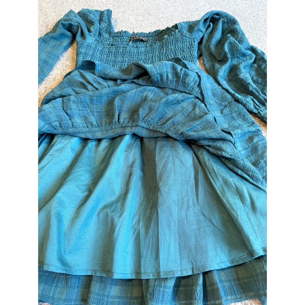 Urban Outfitters Smocked Plaid Mini Dress Teal Blue Long Sleeve Tiered XS - Picture 7 of 9